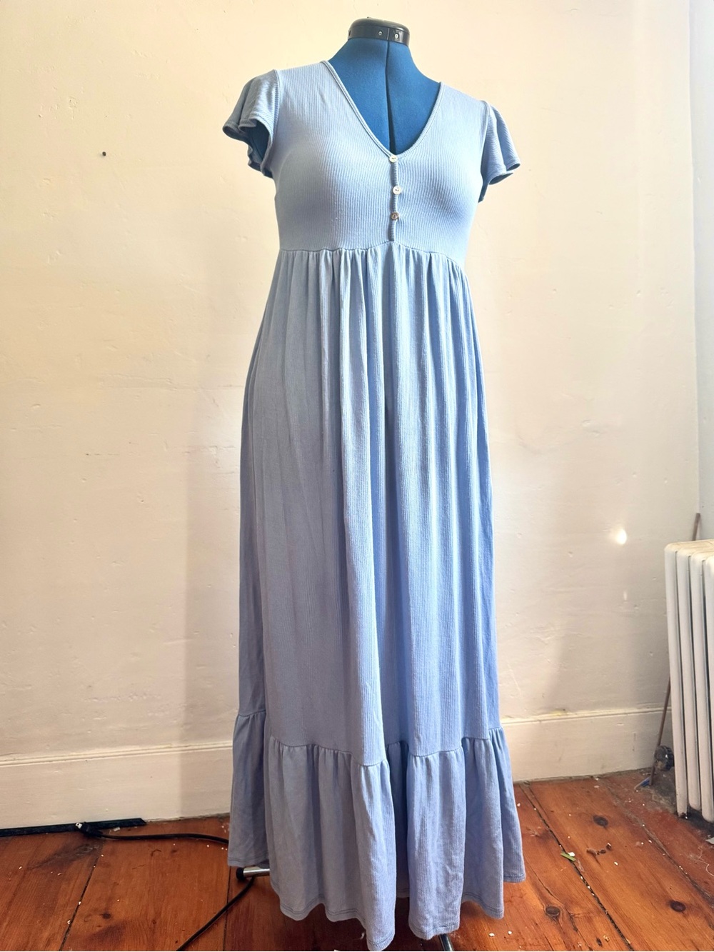 See You Monday Light Blue V-Neck Maxi Dress with Front Button Detail